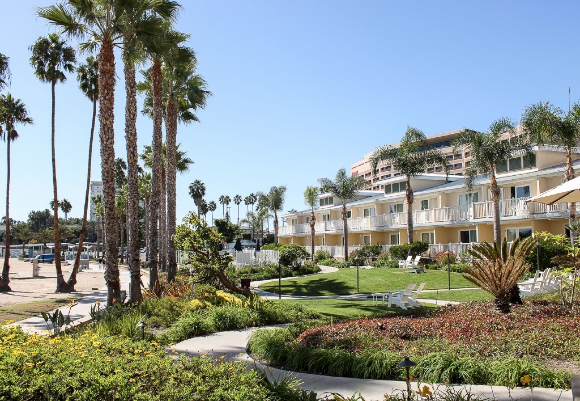 A sunny resort with palm trees, manicured gardens, and yellow buildings with balconies. Clear blue sky enhances the tropical vibe.